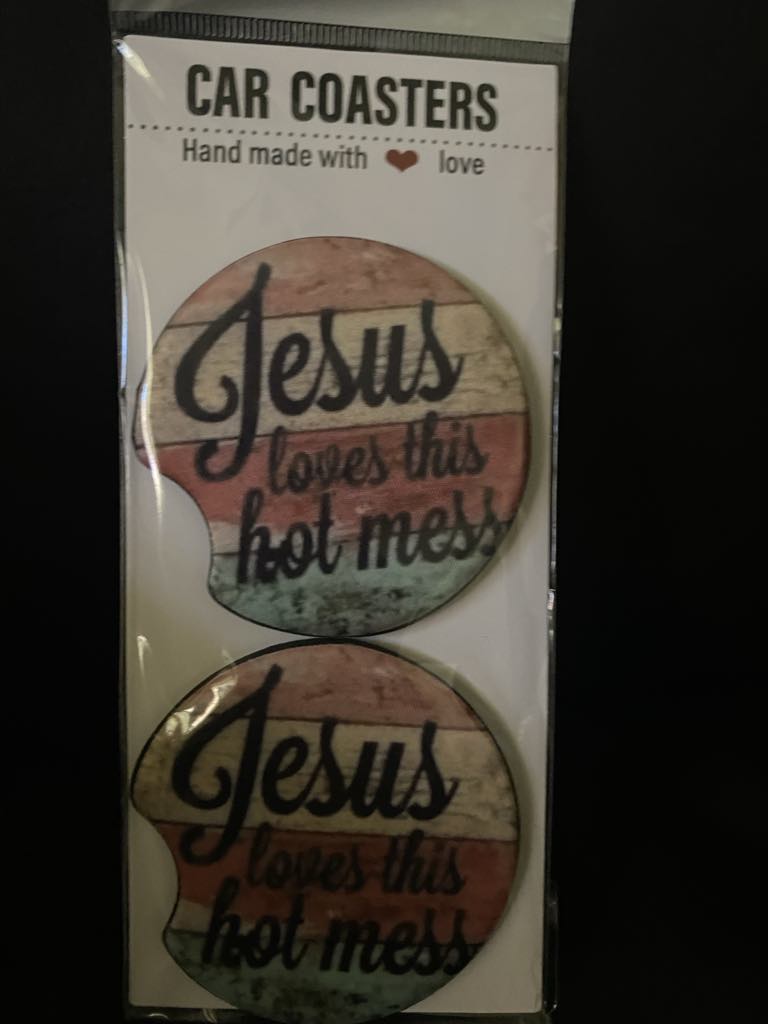 Jesus Loves this Hot mess-Car coasters-set of 2