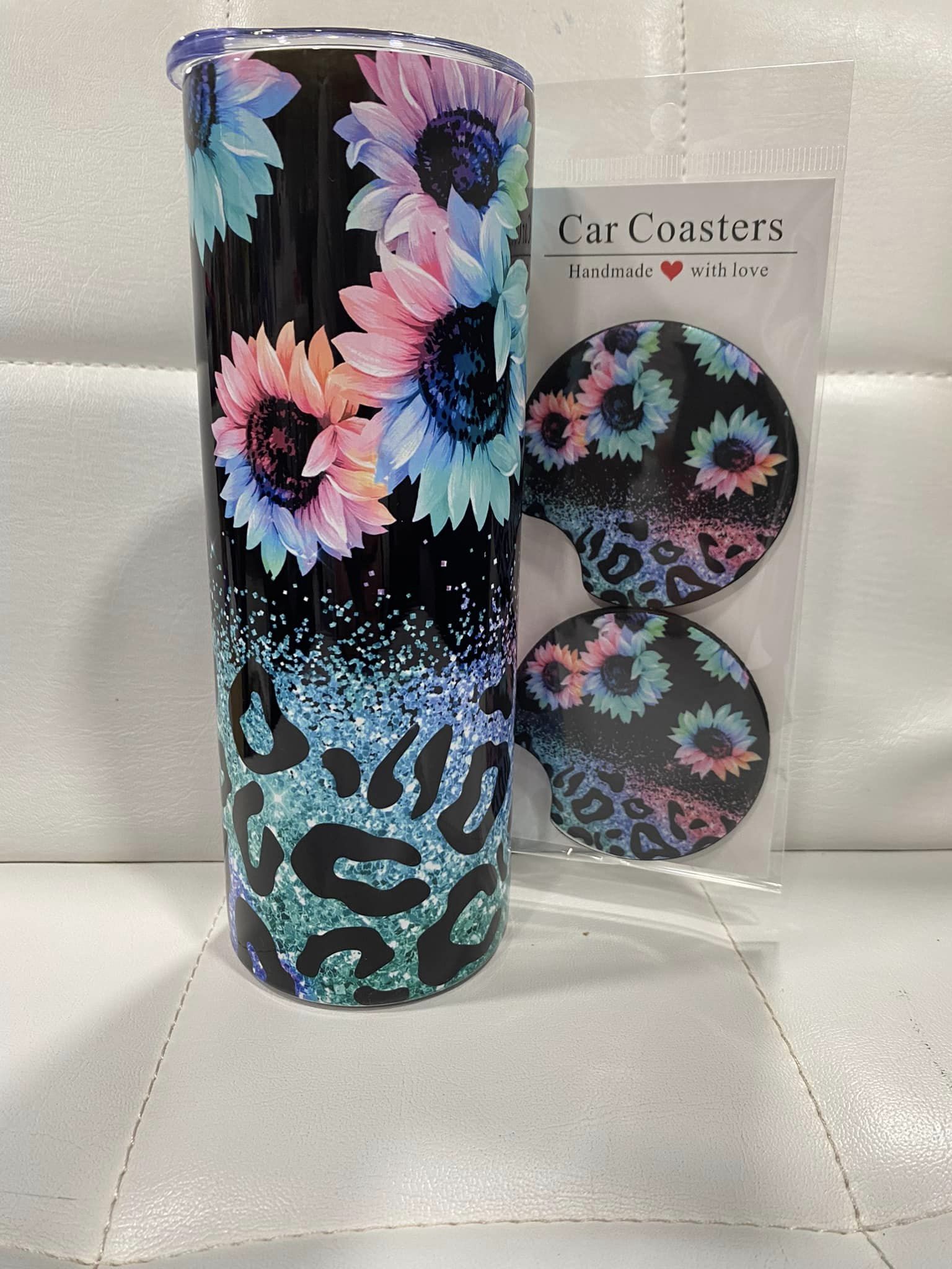 20oz Floral Leopard Tumbler with Matching coasters