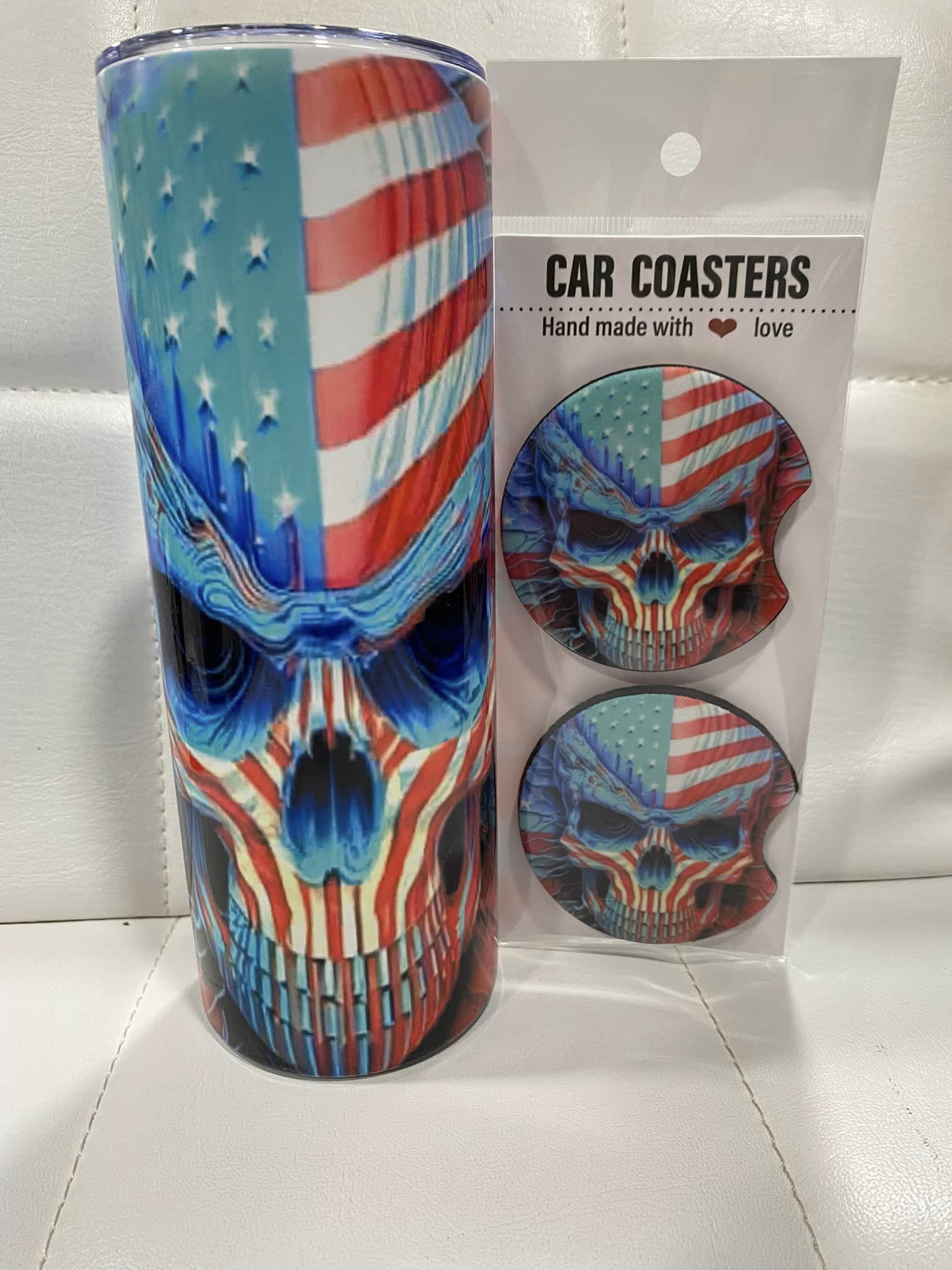 20oz R/W/B Skull Tumbler with Matching coasters