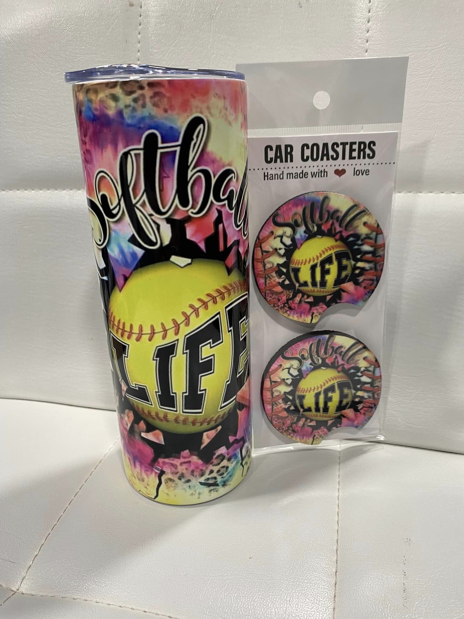 20oz Softball Life Tumbler with Matching coasters