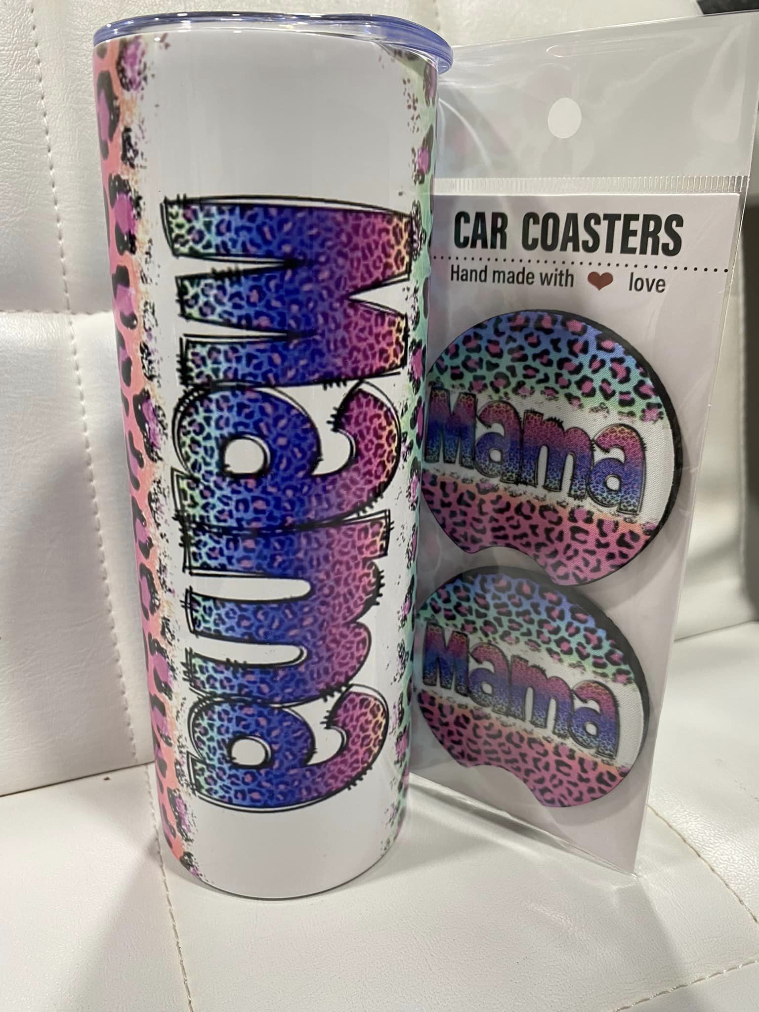 20oz MAMA Colored Leopard Tumbler with Matching coasters