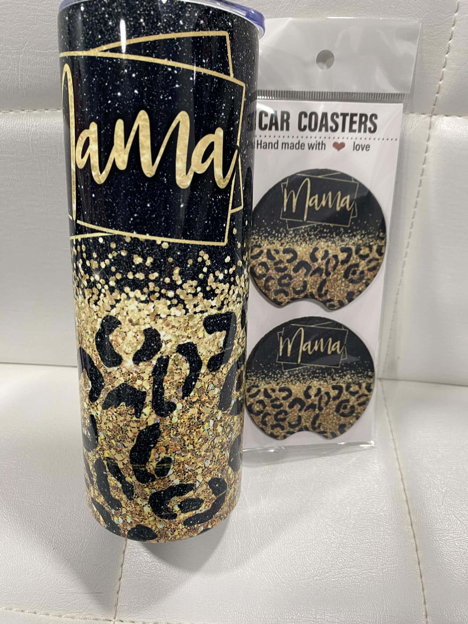 20oz MAMA Black/Gold Glitter Tumbler with Matching coasters