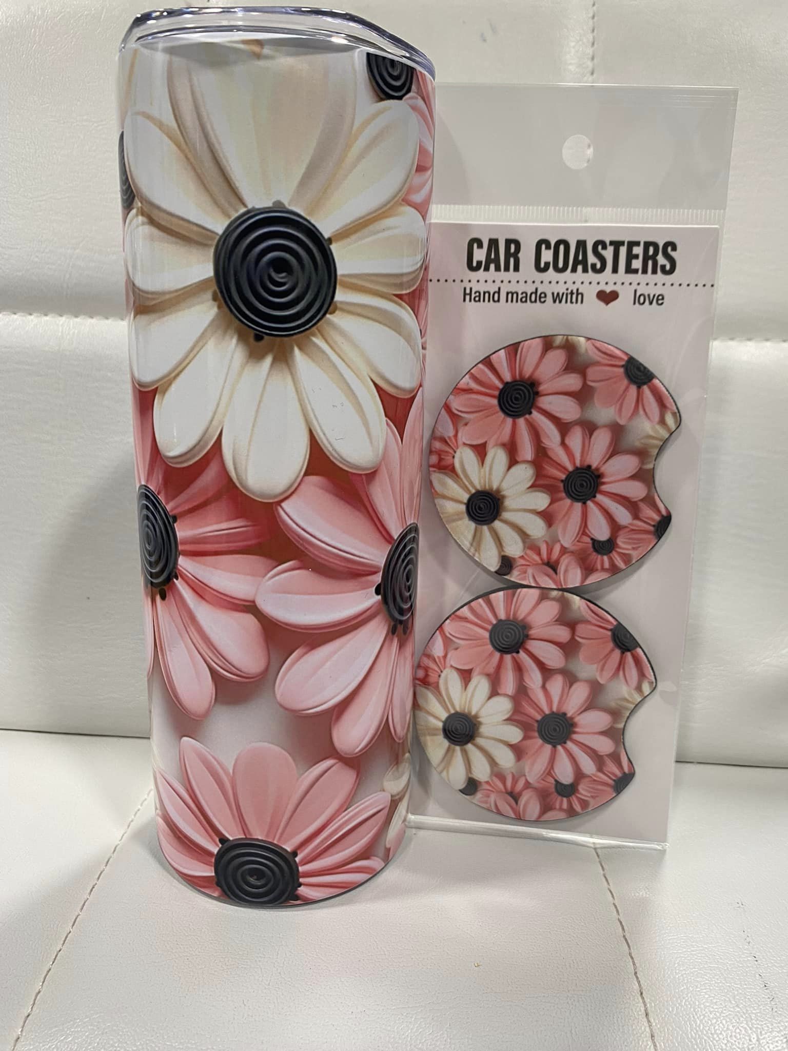 20oz Pink Flower Tumbler with Matching coasters