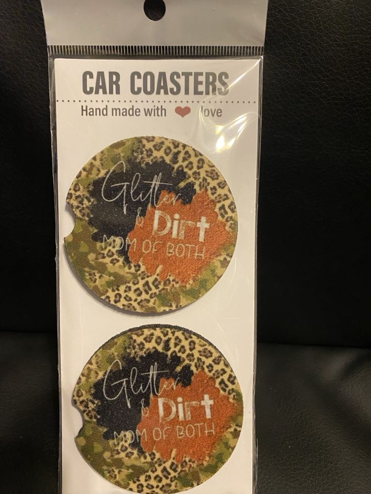 Glitter & Dirt, Mom of Both-Car coasters-set of 2