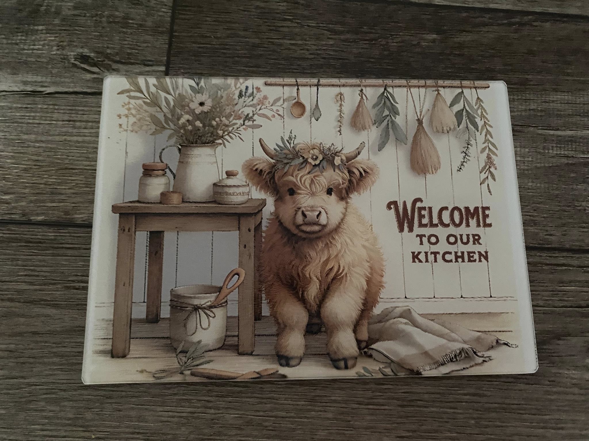 Highland Cow Welcome to our Kitchen Cutting Board