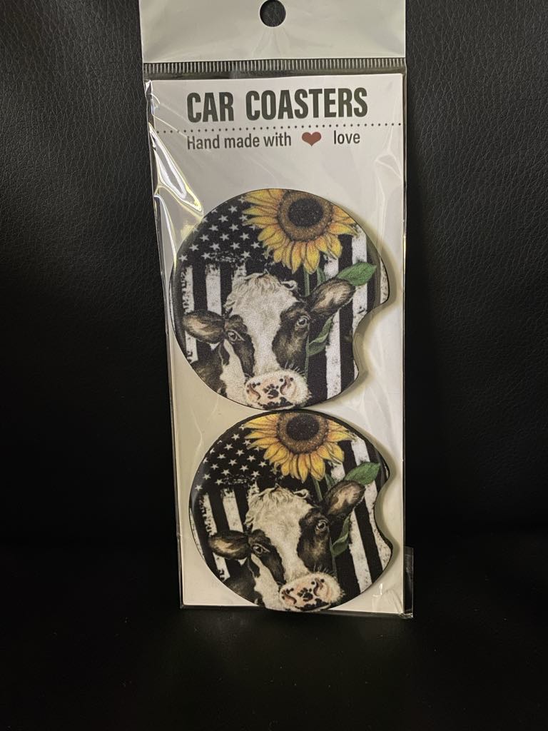 Sunflower Cow-Car coasters-set of 2